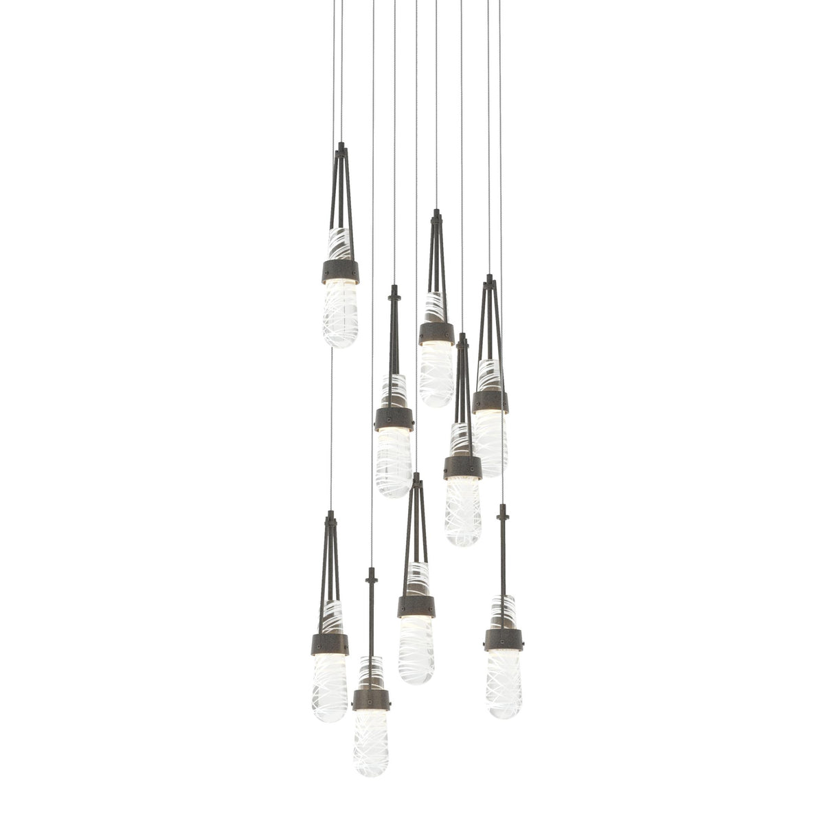 Hubbardton Forge 2022 Natural Iron Clear Glass with White Threading (YJ) Long Link 9-Light Blown Glass Pendant