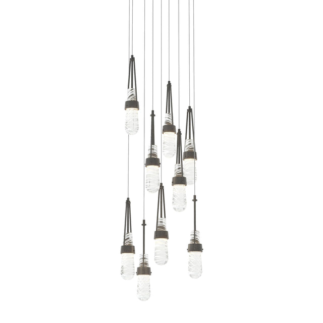 Hubbardton Forge 2022 Natural Iron Clear Glass with White Threading (YJ) Long Link 9-Light Blown Glass Pendant