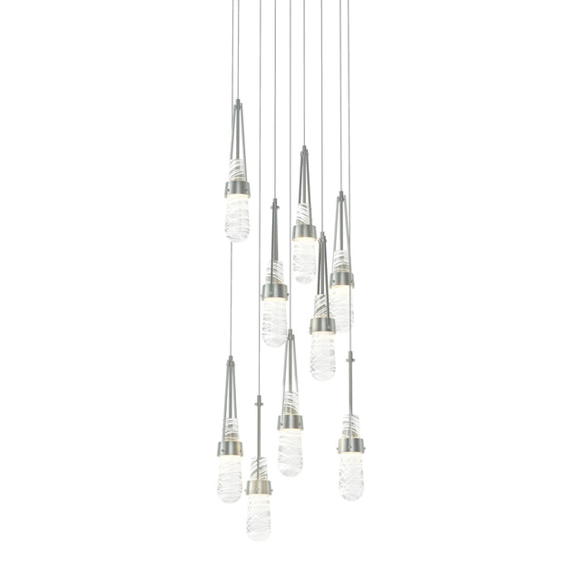 Hubbardton Forge 2022 Vintage Platinum Clear Glass with White Threading (YJ) Long Link 9-Light Blown Glass Pendant