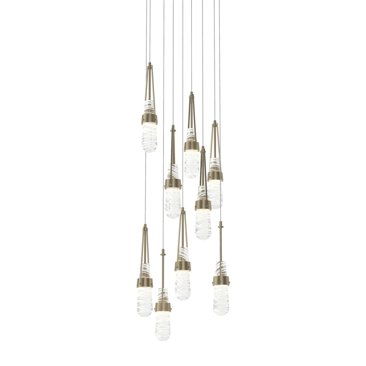 Hubbardton Forge 2022 Soft Gold Clear Glass with White Threading (YJ) Long Link 9-Light Blown Glass Pendant