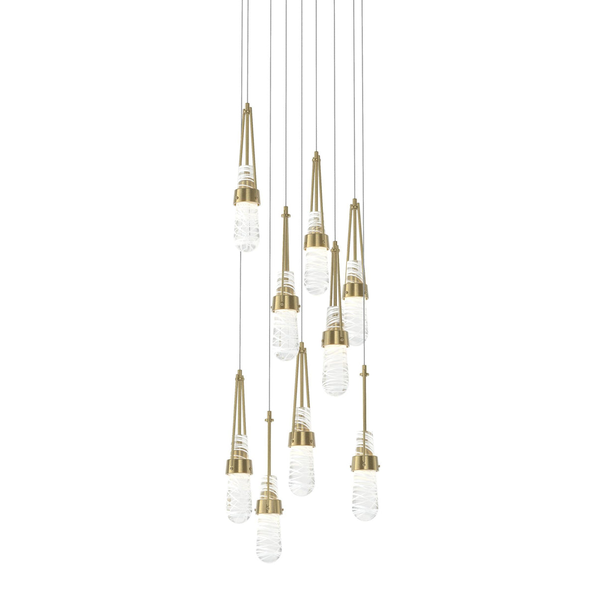 Hubbardton Forge 2022 Modern Brass Clear Glass with White Threading (YJ) Long Link 9-Light Blown Glass Pendant