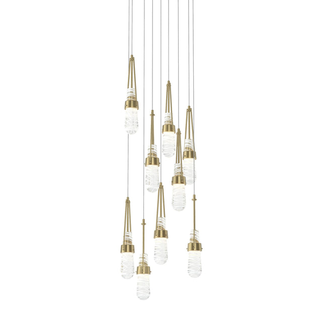 Hubbardton Forge 2022 Modern Brass Clear Glass with White Threading (YJ) Long Link 9-Light Blown Glass Pendant