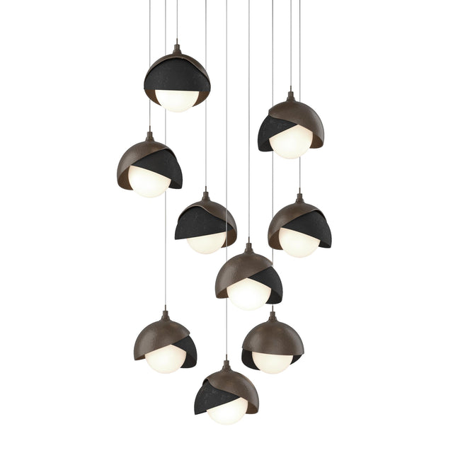 Hubbardton Forge 2022 Bronze Black Opal Glass (GG) Long Brooklyn 9-Light Double Shade Pendant