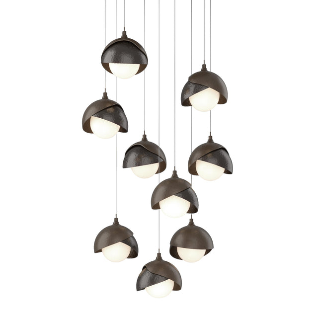 Hubbardton Forge 2022 Bronze Oil Rubbed Bronze Opal Glass (GG) Long Brooklyn 9-Light Double Shade Pendant