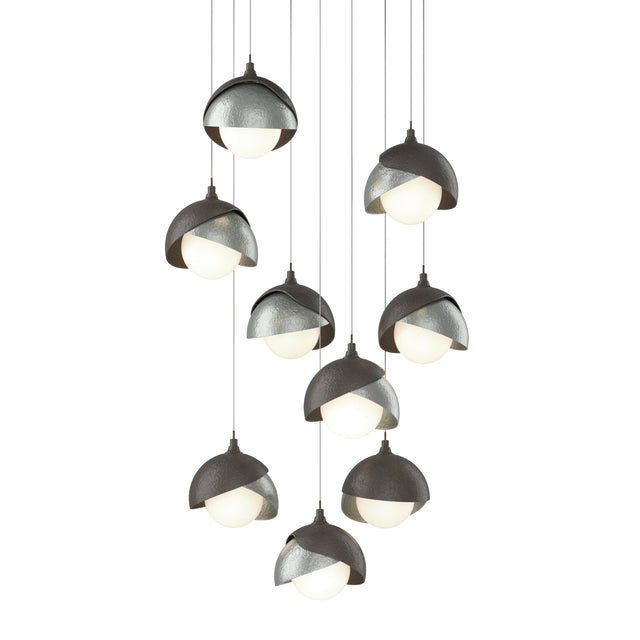 Hubbardton Forge 2022 Dark Smoke Vintage Platinum Opal Glass (GG) Long Brooklyn 9-Light Double Shade Pendant