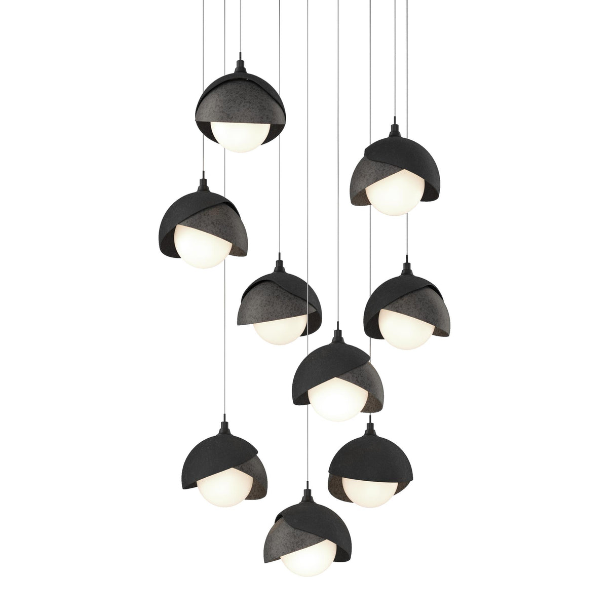 Hubbardton Forge 2022 Black Natural Iron Opal Glass (GG) Long Brooklyn 9-Light Double Shade Pendant