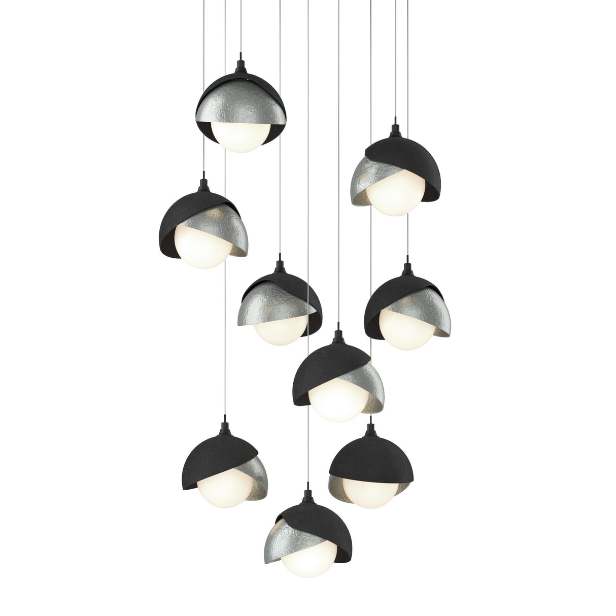 Hubbardton Forge 2022 Black Vintage Platinum Opal Glass (GG) Long Brooklyn 9-Light Double Shade Pendant