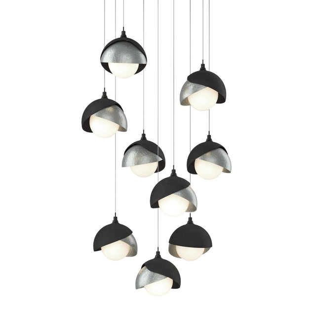 Hubbardton Forge 2022 Black Vintage Platinum Opal Glass (GG) Long Brooklyn 9-Light Double Shade Pendant