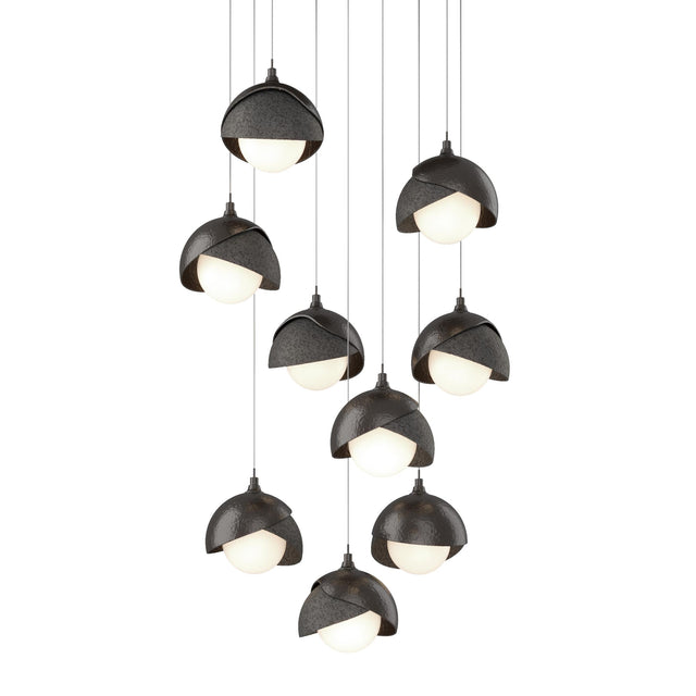Hubbardton Forge 2022 Oil Rubbed Bronze Natural Iron Opal Glass (GG) Long Brooklyn 9-Light Double Shade Pendant
