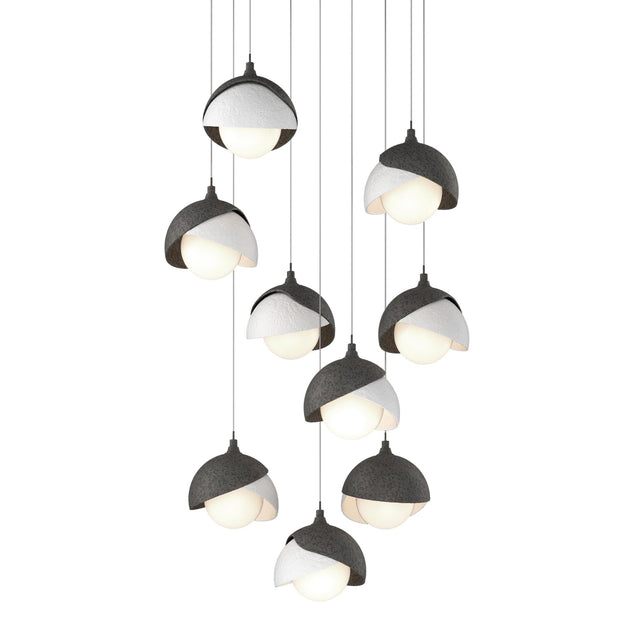 Hubbardton Forge 2022 Natural Iron White Opal Glass (GG) Long Brooklyn 9-Light Double Shade Pendant
