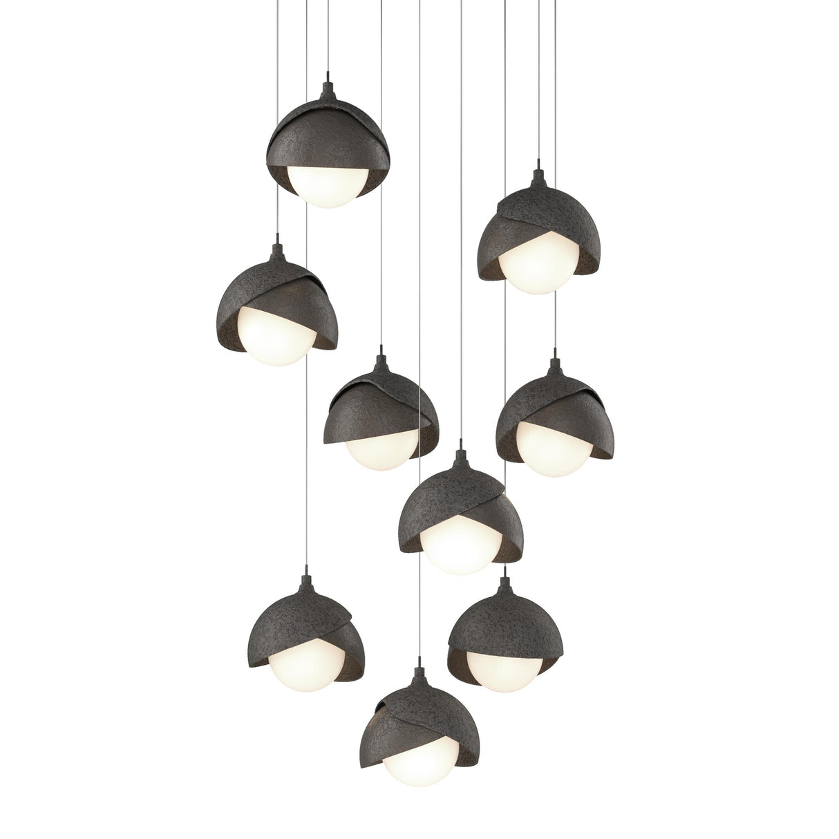 Hubbardton Forge 2022 Natural Iron Dark Smoke Opal Glass (GG) Long Brooklyn 9-Light Double Shade Pendant