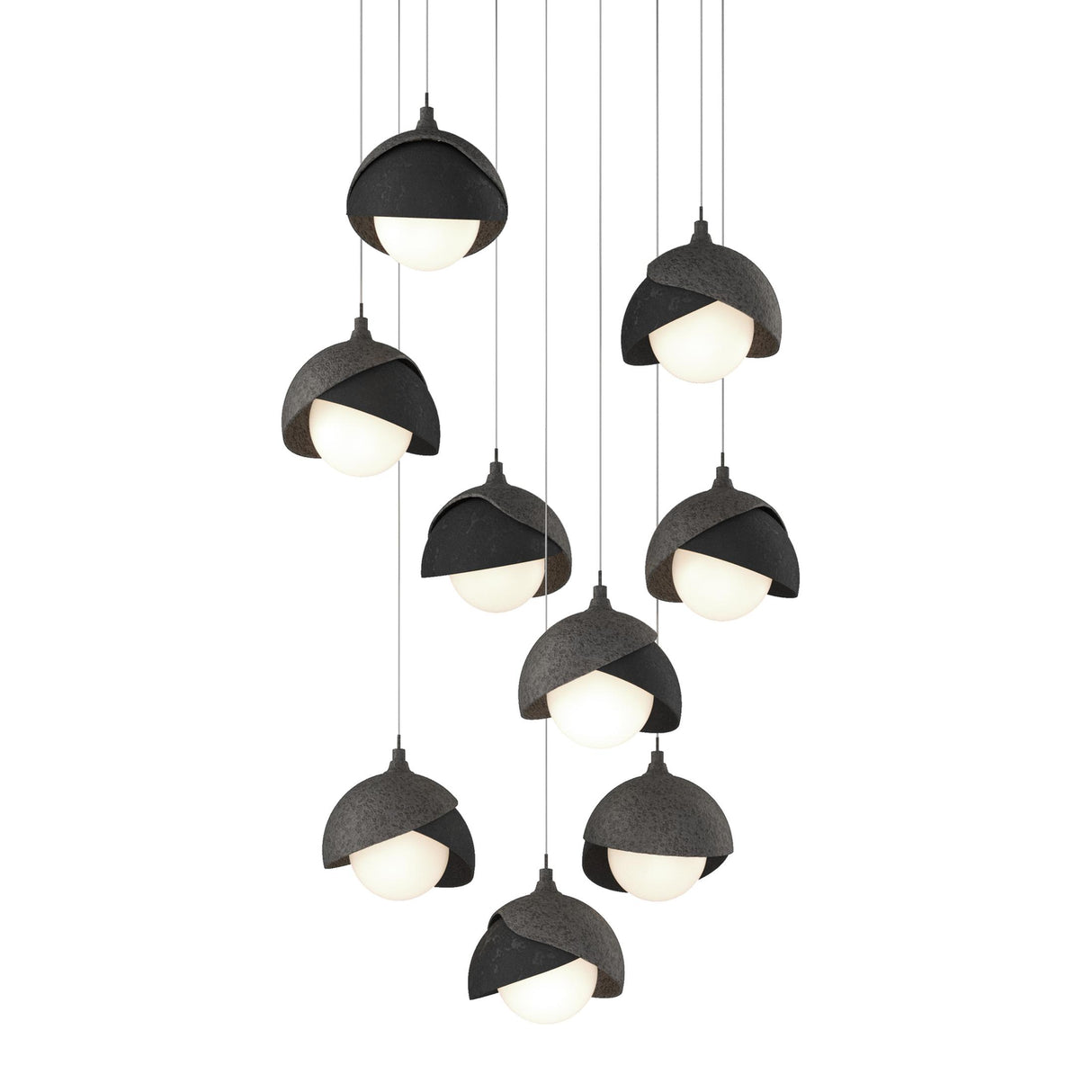 Hubbardton Forge 2022 Natural Iron Black Opal Glass (GG) Long Brooklyn 9-Light Double Shade Pendant