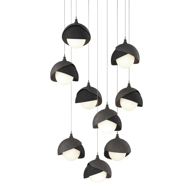 Hubbardton Forge 2022 Natural Iron Black Opal Glass (GG) Long Brooklyn 9-Light Double Shade Pendant