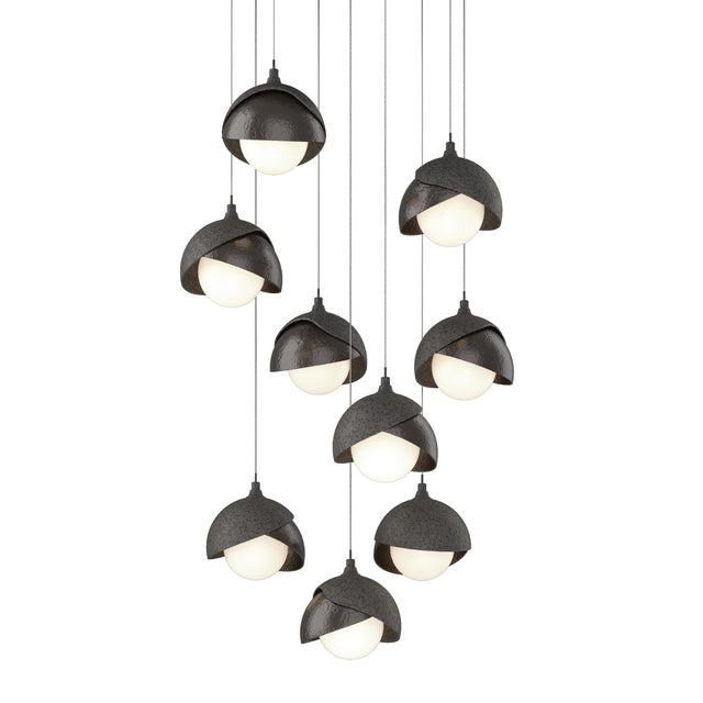 Hubbardton Forge 2022 Natural Iron Oil Rubbed Bronze Opal Glass (GG) Long Brooklyn 9-Light Double Shade Pendant