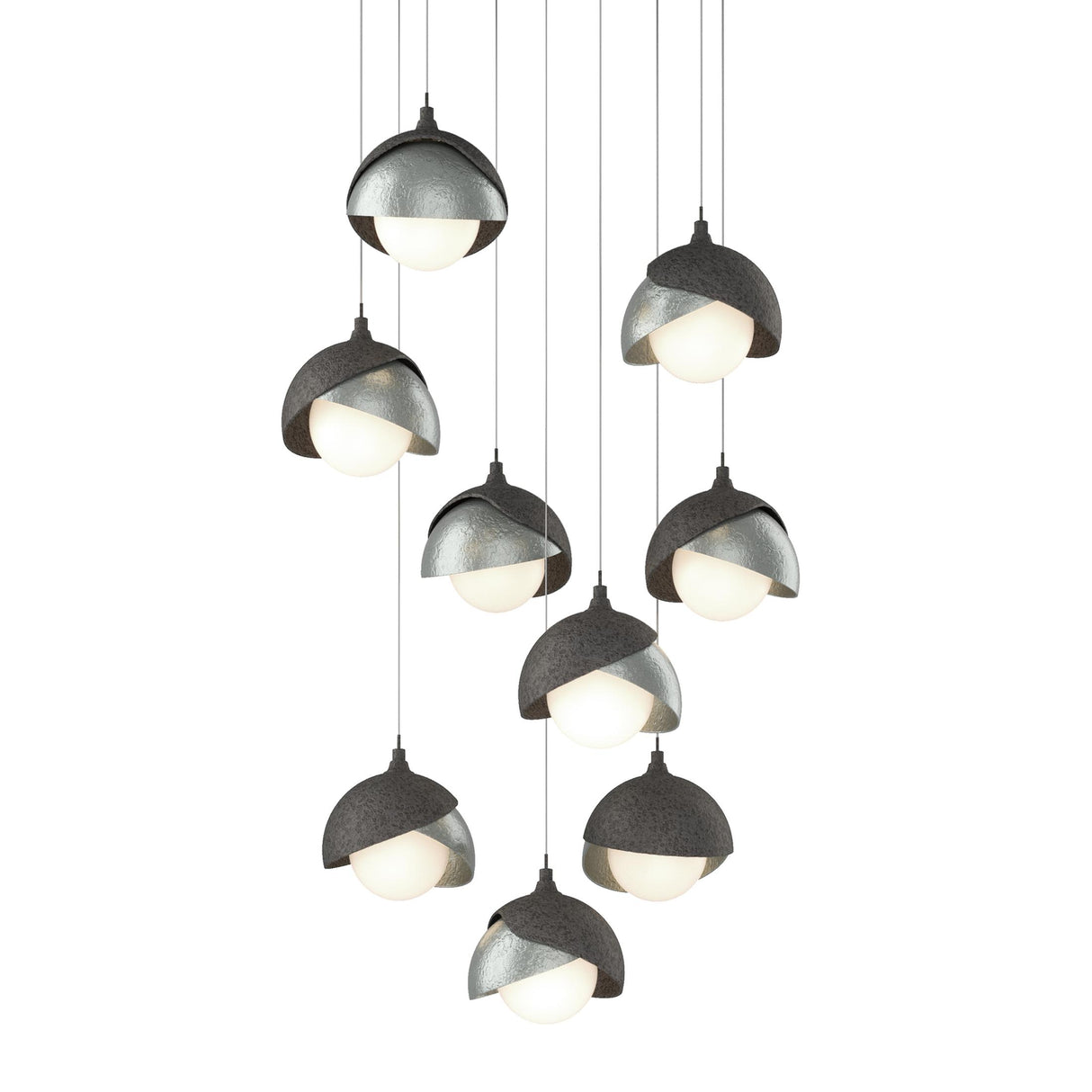 Hubbardton Forge 2022 Natural Iron Vintage Platinum Opal Glass (GG) Long Brooklyn 9-Light Double Shade Pendant