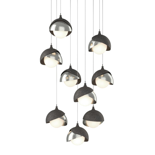 Hubbardton Forge 2022 Natural Iron Sterling Opal Glass (GG) Long Brooklyn 9-Light Double Shade Pendant