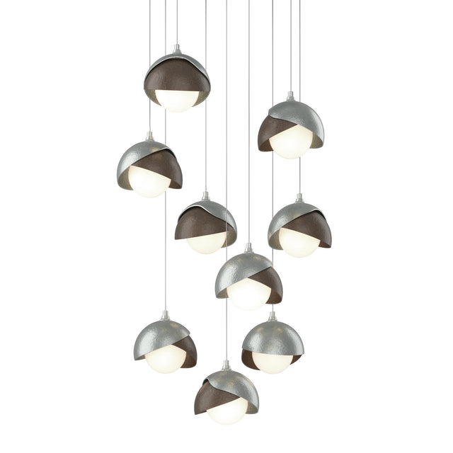 Hubbardton Forge 2022 Vintage Platinum Bronze Opal Glass (GG) Long Brooklyn 9-Light Double Shade Pendant