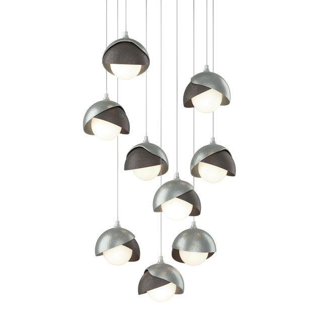 Hubbardton Forge 2022 Vintage Platinum Dark Smoke Opal Glass (GG) Long Brooklyn 9-Light Double Shade Pendant