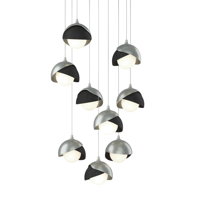 Hubbardton Forge 2022 Vintage Platinum Black Opal Glass (GG) Long Brooklyn 9-Light Double Shade Pendant