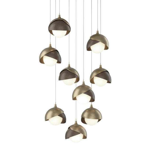 Hubbardton Forge 2022 Soft Gold Bronze Opal Glass (GG) Long Brooklyn 9-Light Double Shade Pendant