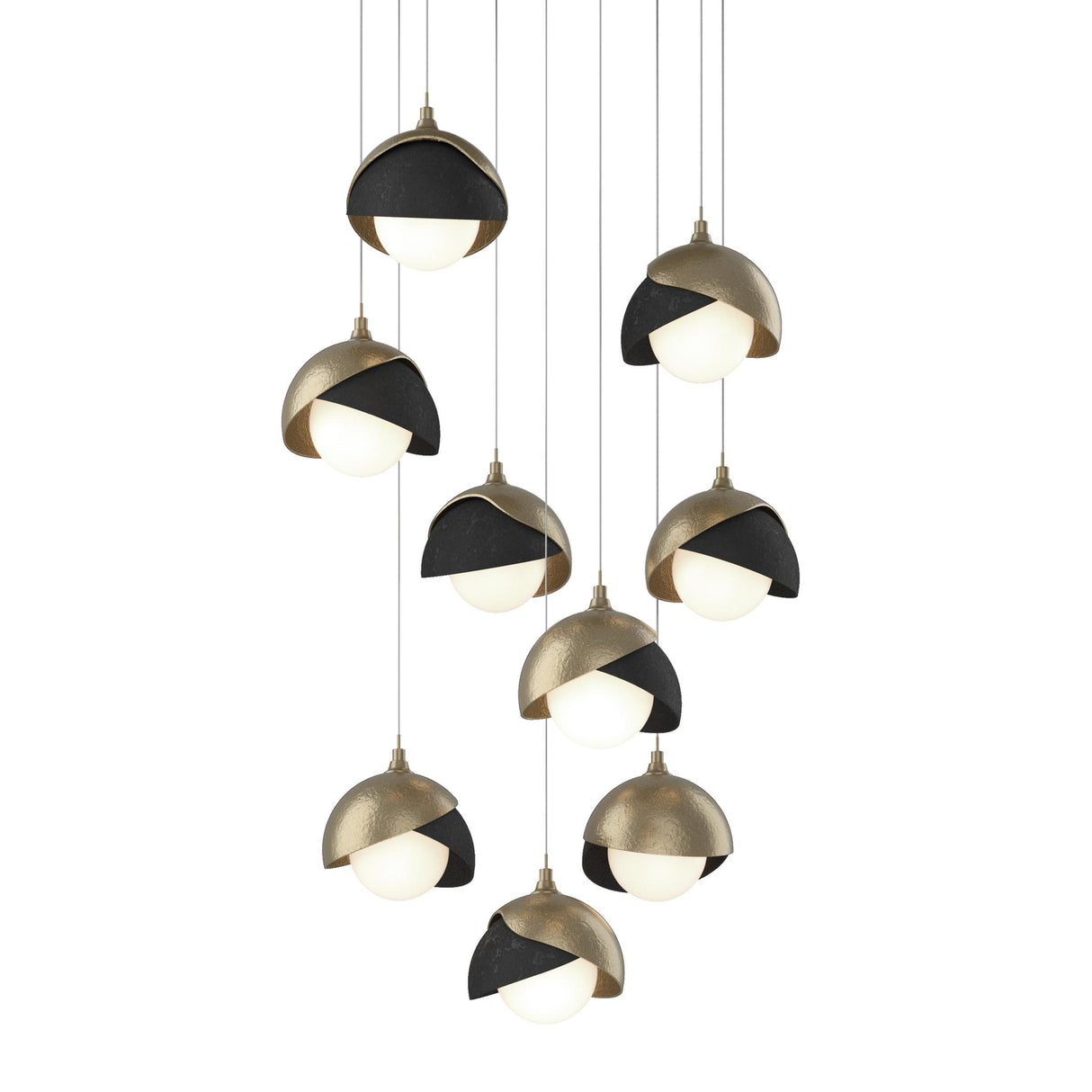 Hubbardton Forge 2022 Soft Gold Black Opal Glass (GG) Long Brooklyn 9-Light Double Shade Pendant