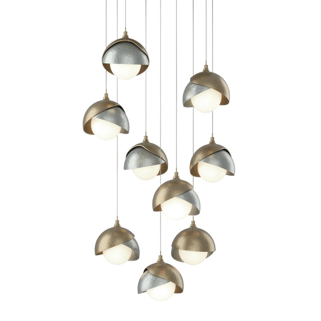 Hubbardton Forge 2022 Soft Gold Vintage Platinum Opal Glass (GG) Long Brooklyn 9-Light Double Shade Pendant