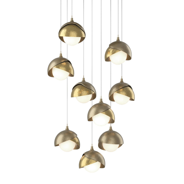 Hubbardton Forge 2022 Soft Gold Modern Brass Opal Glass (GG) Long Brooklyn 9-Light Double Shade Pendant