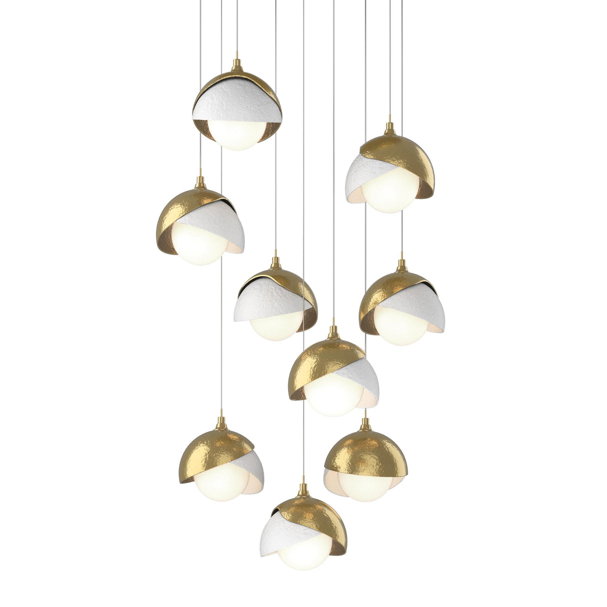 Hubbardton Forge 2022 Modern Brass White Opal Glass (GG) Long Brooklyn 9-Light Double Shade Pendant