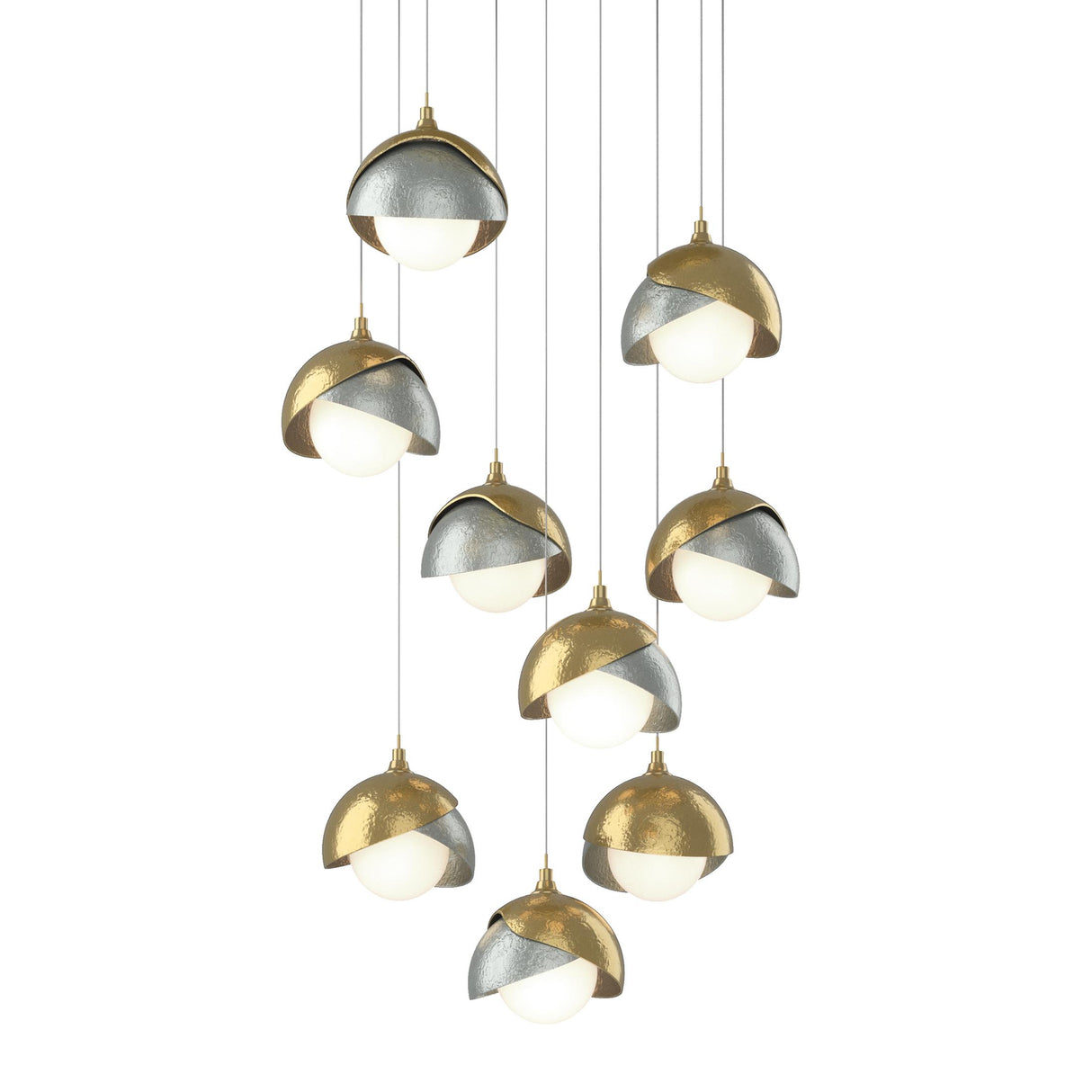 Hubbardton Forge 2022 Modern Brass Vintage Platinum Opal Glass (GG) Long Brooklyn 9-Light Double Shade Pendant