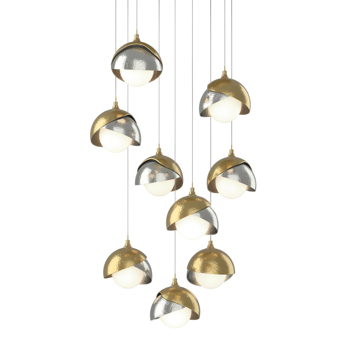 Hubbardton Forge 2022 Modern Brass Sterling Opal Glass (GG) Long Brooklyn 9-Light Double Shade Pendant