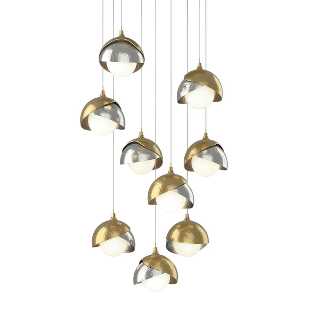 Hubbardton Forge 2022 Modern Brass Sterling Opal Glass (GG) Long Brooklyn 9-Light Double Shade Pendant