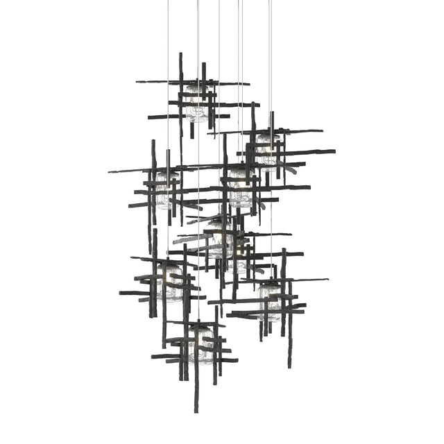 Hubbardton Forge 2022 Black Seeded Clear Glass (II) Long Tura 9-Light Seeded Glass Pendant