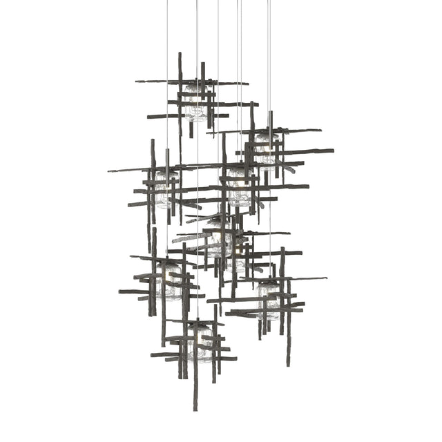Hubbardton Forge 2022 Dark Smoke Seeded Clear Glass (II) Long Tura 9-Light Seeded Glass Pendant