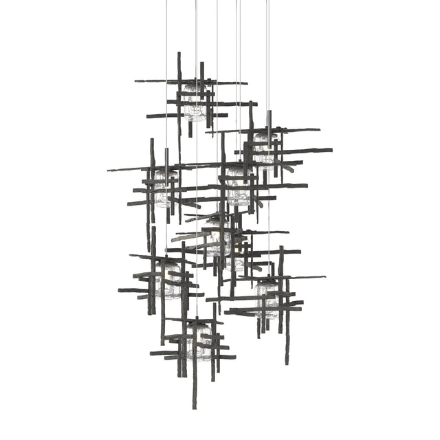 Hubbardton Forge 2022 Natural Iron Seeded Clear Glass (II) Long Tura 9-Light Seeded Glass Pendant