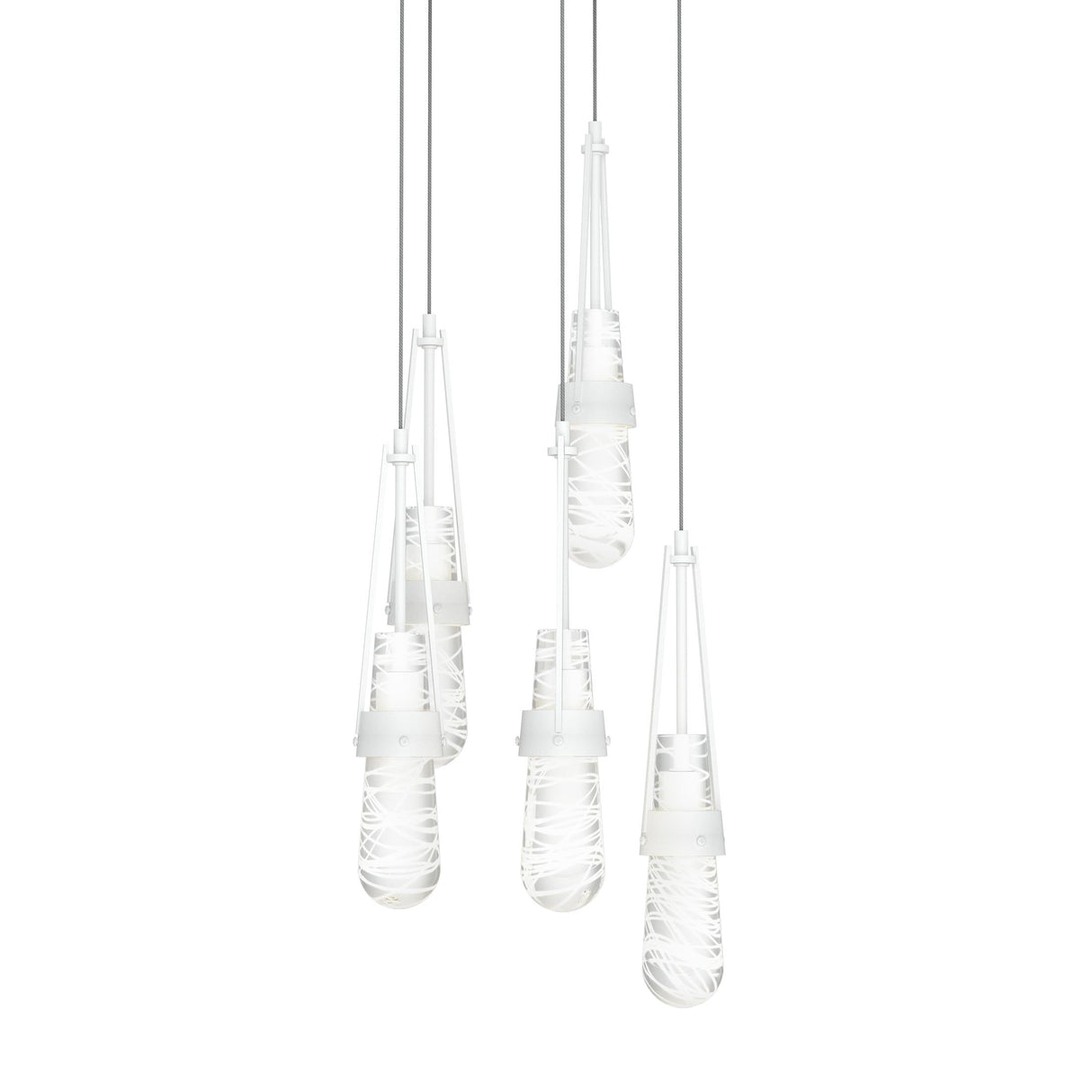 Hubbardton Forge 2023 White Clear Glass with White Threading (YJ) Long Link 5-Light Blown Glass Pendant
