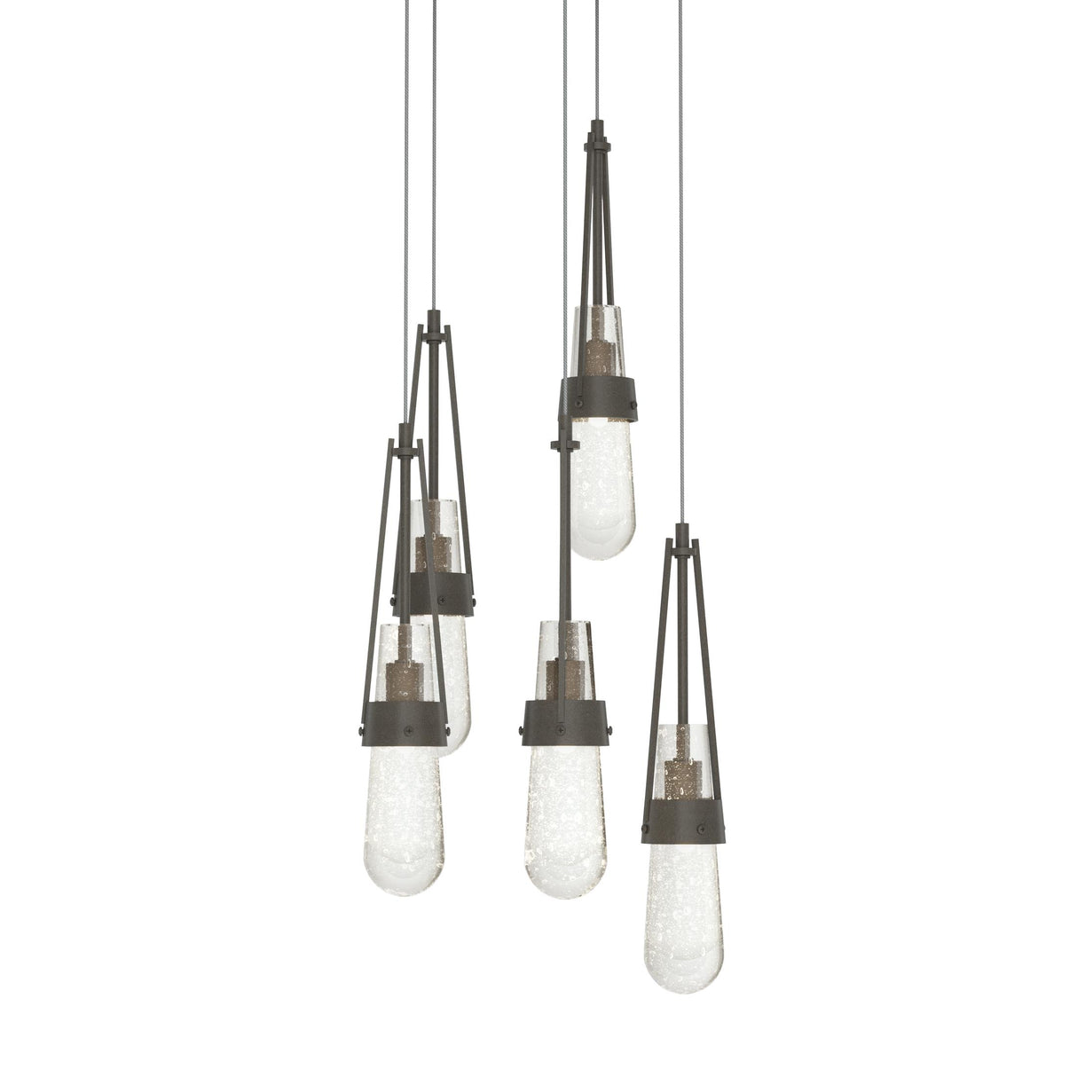 Hubbardton Forge 2023 Dark Smoke Clear Bubble Glass (YG) Long Link 5-Light Blown Glass Pendant