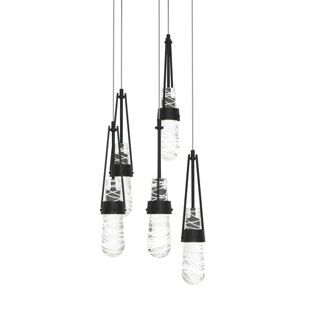Hubbardton Forge 2023 Black Clear Glass with White Threading (YJ) Long Link 5-Light Blown Glass Pendant