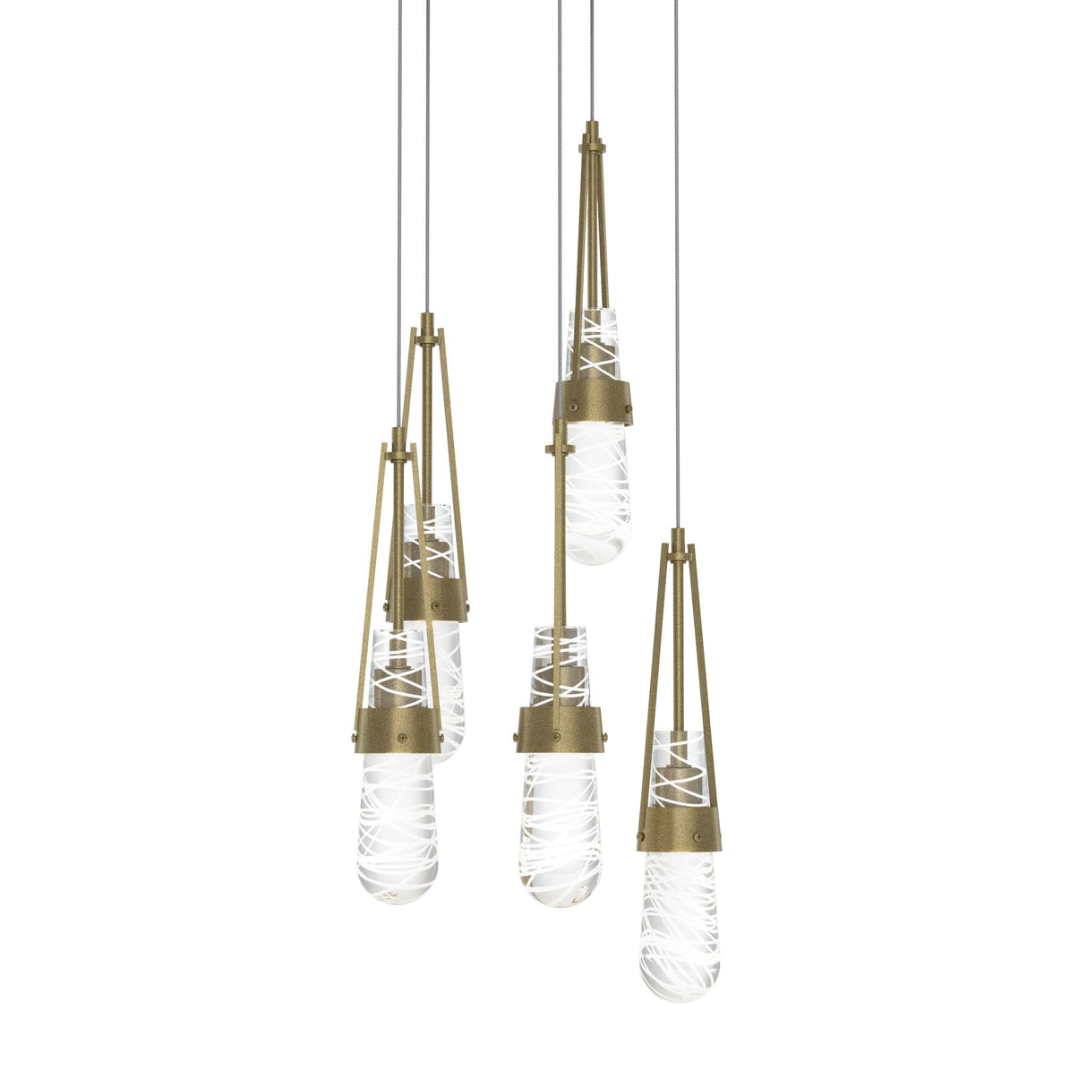 Hubbardton Forge 2023 Soft Gold Clear Glass with White Threading (YJ) Long Link 5-Light Blown Glass Pendant