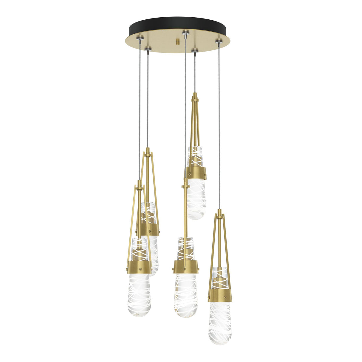 Hubbardton Forge 2023 Modern Brass Clear Glass with White Threading (YJ) Standard Link 5-Light Blown Glass Pendant