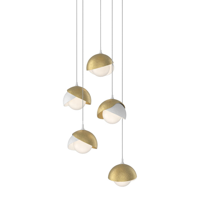 Hubbardton Forge 2023 White Modern Brass Opal Glass (GG) Long Brooklyn 5-Light Double Shade Pendant
