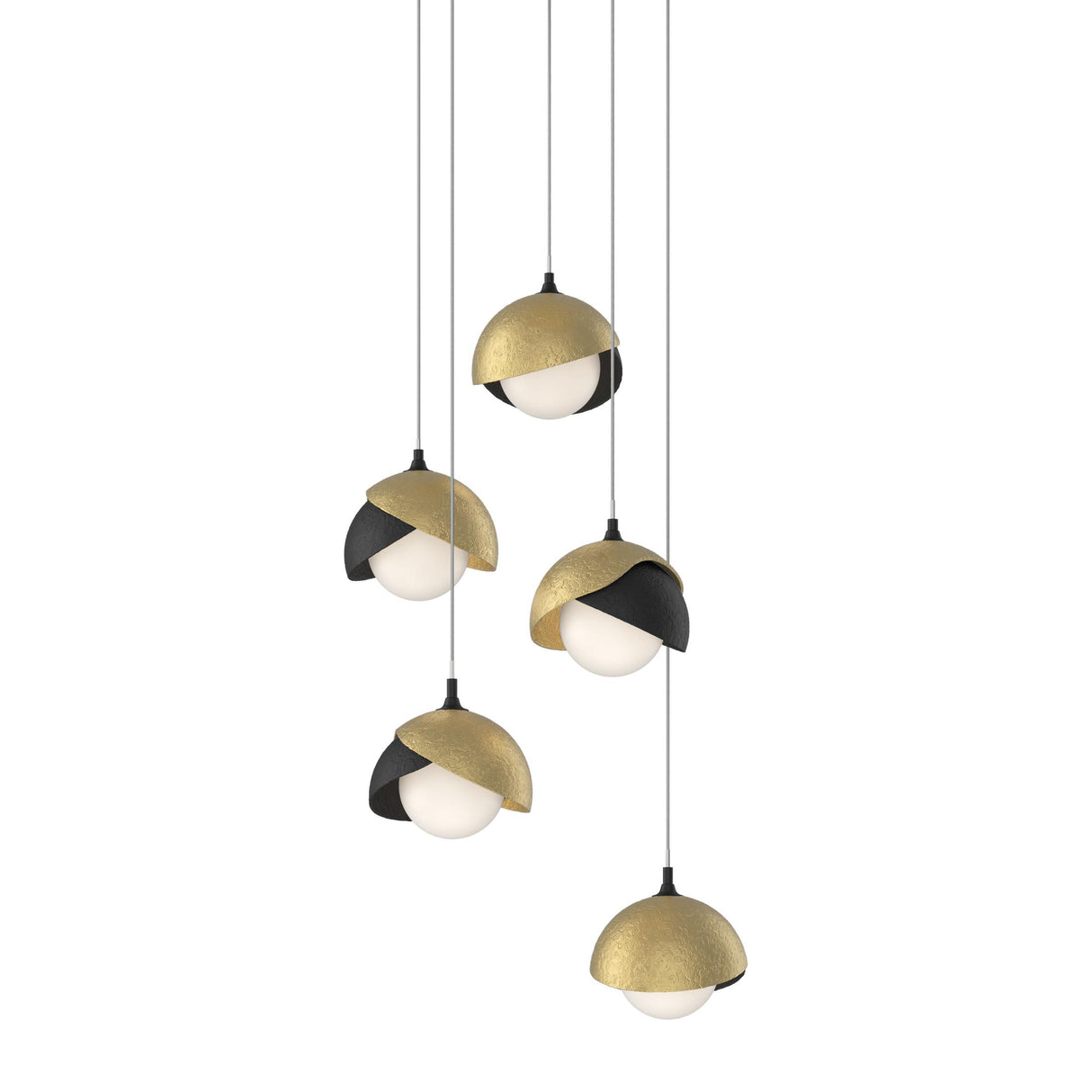 Hubbardton Forge 2023 Black Modern Brass Opal Glass (GG) Long Brooklyn 5-Light Double Shade Pendant