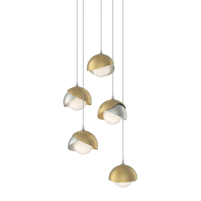 Hubbardton Forge 2023 Sterling Modern Brass Opal Glass (GG) Long Brooklyn 5-Light Double Shade Pendant