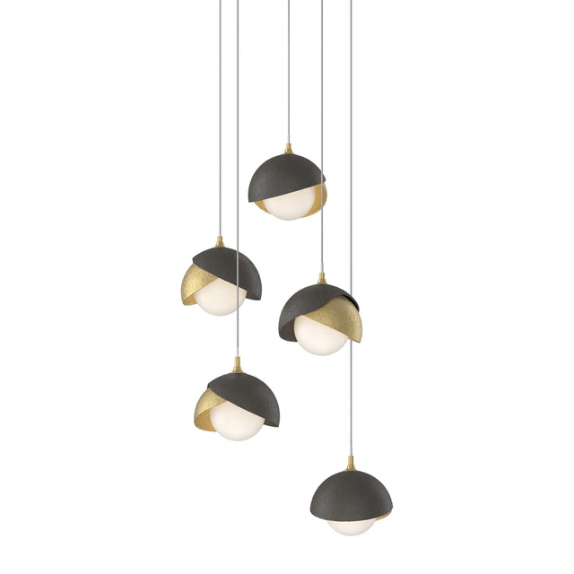 Hubbardton Forge 2023 Modern Brass Dark Smoke Opal Glass (GG) Long Brooklyn 5-Light Double Shade Pendant