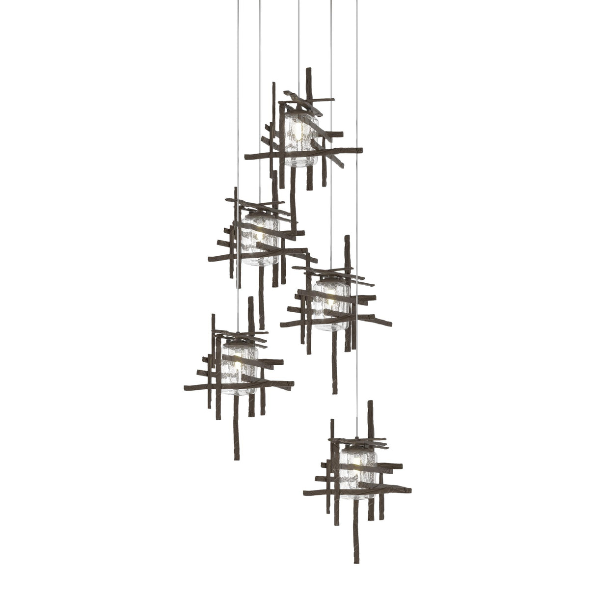 Hubbardton Forge 2023 Bronze Seeded Clear Glass (II) Long Tura 5-Light Seeded Glass Pendant