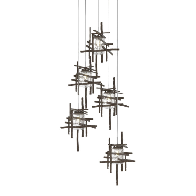 Hubbardton Forge 2023 Bronze Seeded Clear Glass (II) Long Tura 5-Light Seeded Glass Pendant