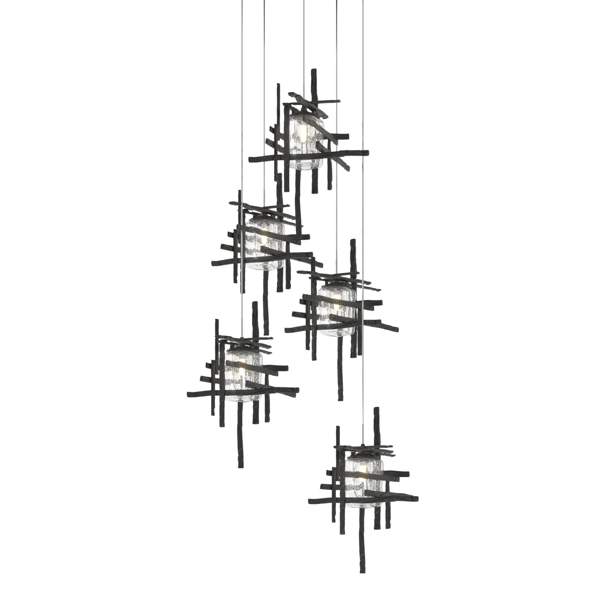 Hubbardton Forge 2023 Black Seeded Clear Glass (II) Long Tura 5-Light Seeded Glass Pendant
