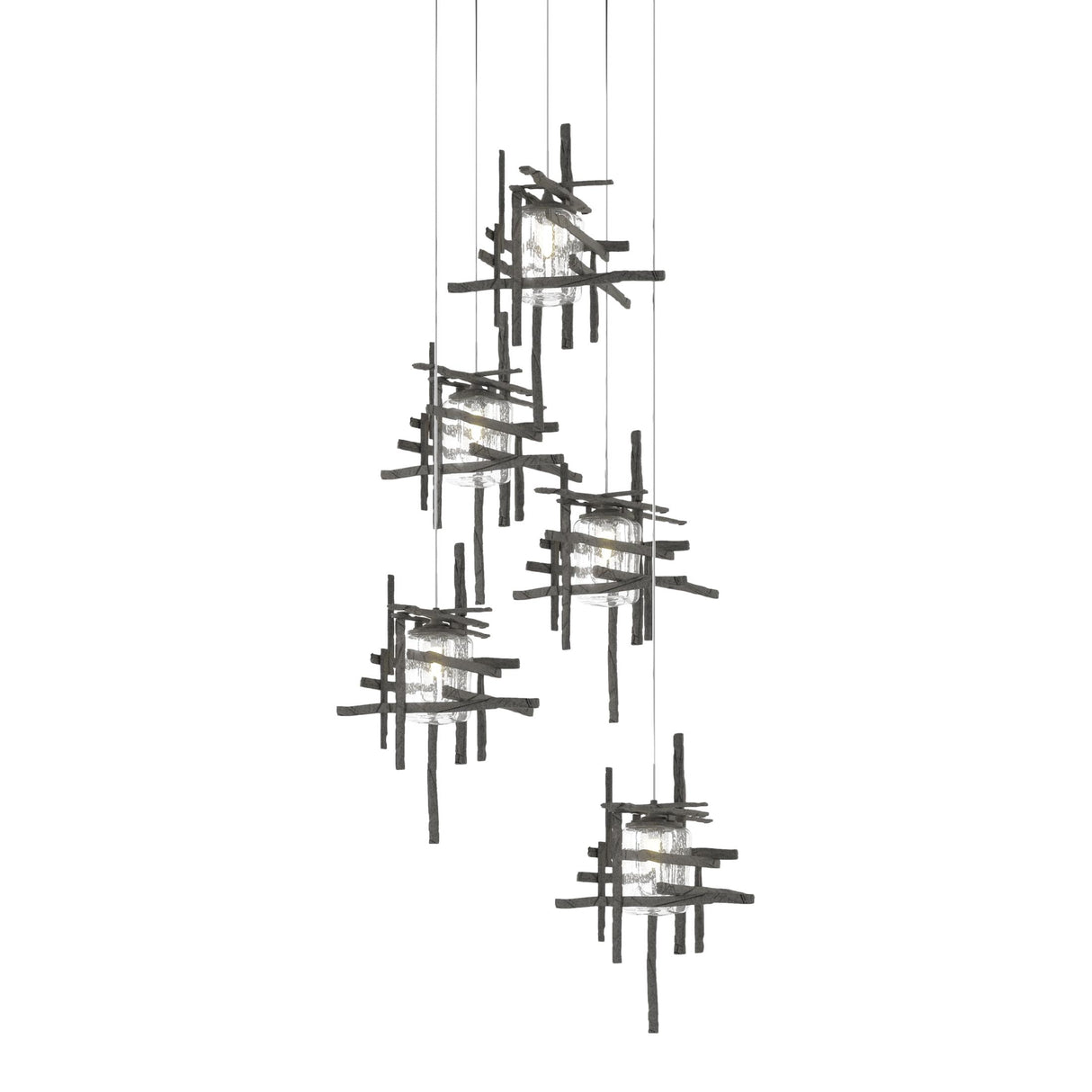 Hubbardton Forge 2023 Natural Iron Seeded Clear Glass (II) Long Tura 5-Light Seeded Glass Pendant