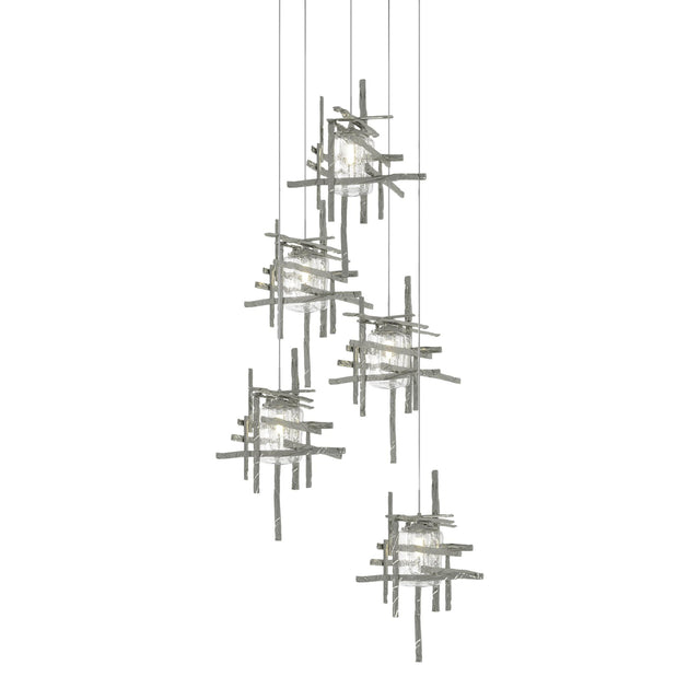 Hubbardton Forge 2023 Sterling Seeded Clear Glass (II) Long Tura 5-Light Seeded Glass Pendant