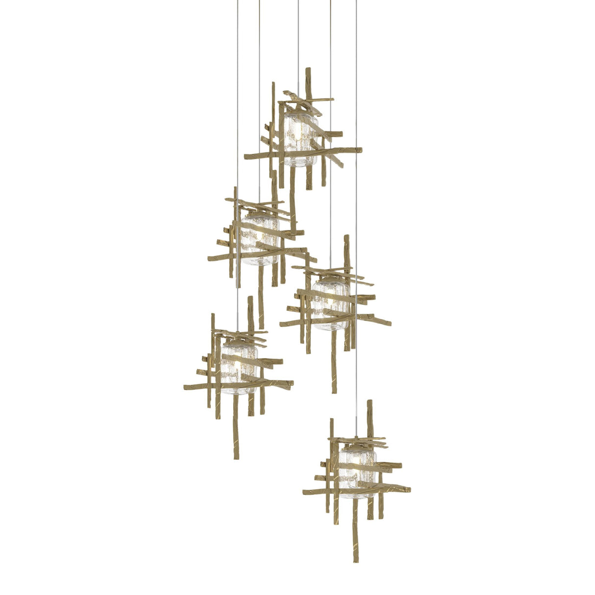 Hubbardton Forge 2023 Modern Brass Seeded Clear Glass (II) Long Tura 5-Light Seeded Glass Pendant