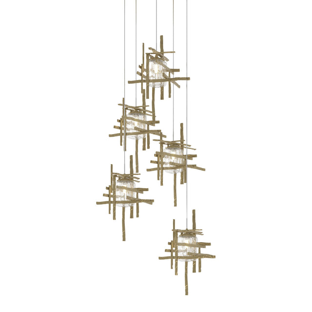 Hubbardton Forge 2023 Modern Brass Seeded Clear Glass (II) Long Tura 5-Light Seeded Glass Pendant